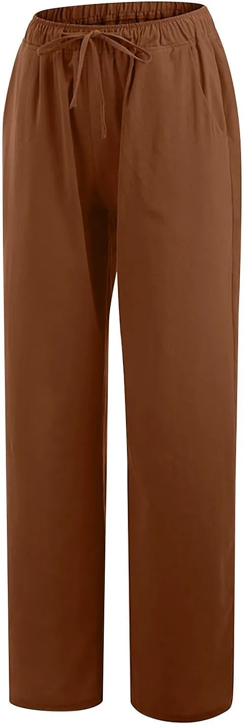 Linen Pants Women Casual Linen High Waist Pant Loose Fit Summer Pants Trousers Cotton Linen Palazzo Pants with Pockets