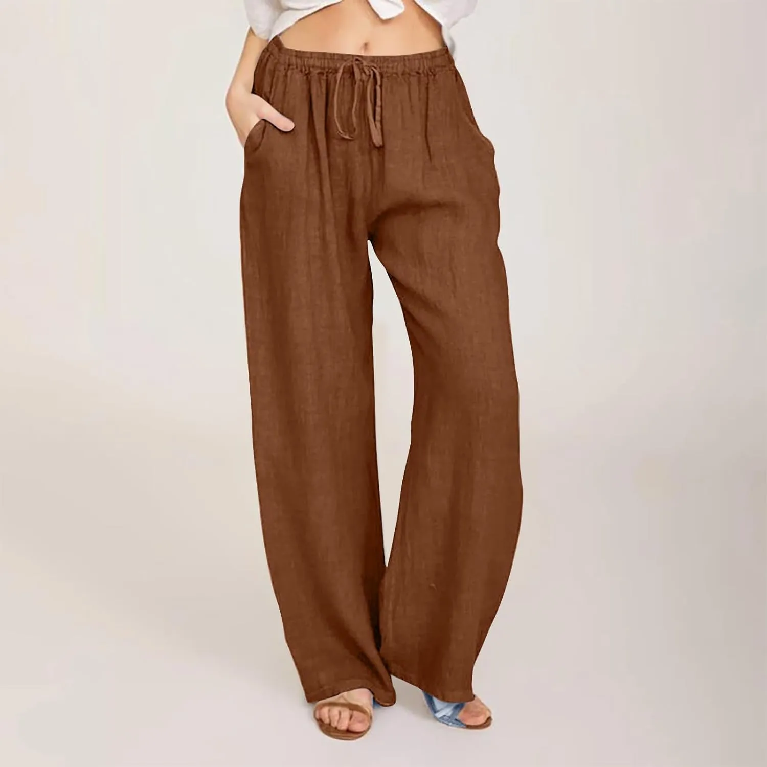 Linen Pants Women Casual Linen High Waist Pant Loose Fit Summer Pants Trousers Cotton Linen Palazzo Pants with Pockets
