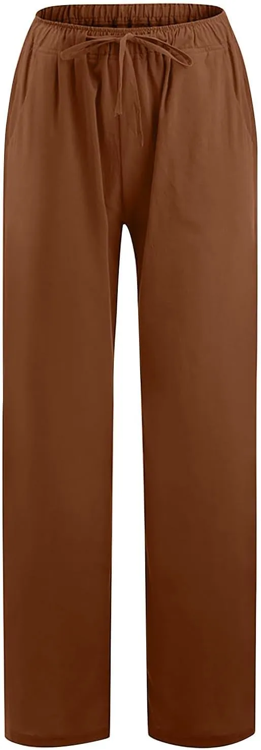 Linen Pants Women Casual Linen High Waist Pant Loose Fit Summer Pants Trousers Cotton Linen Palazzo Pants with Pockets