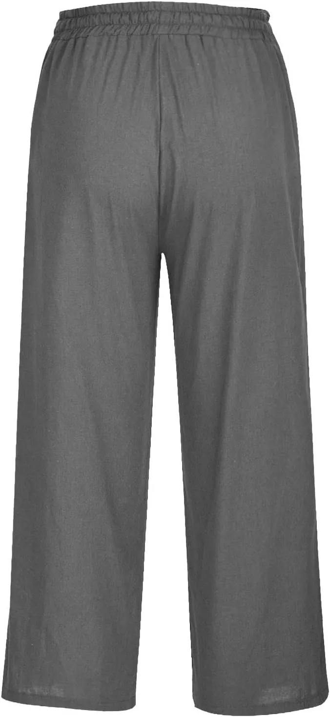 Linen Pants Women Elastic High Waisted Drawstring Beach Pant Casual Loose Side Button Wide Leg Trousers with Pocket