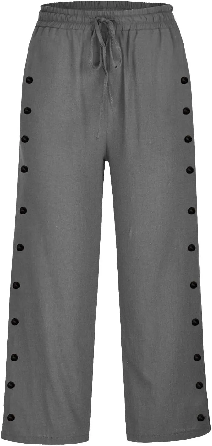 Linen Pants Women Elastic High Waisted Drawstring Beach Pant Casual Loose Side Button Wide Leg Trousers with Pocket