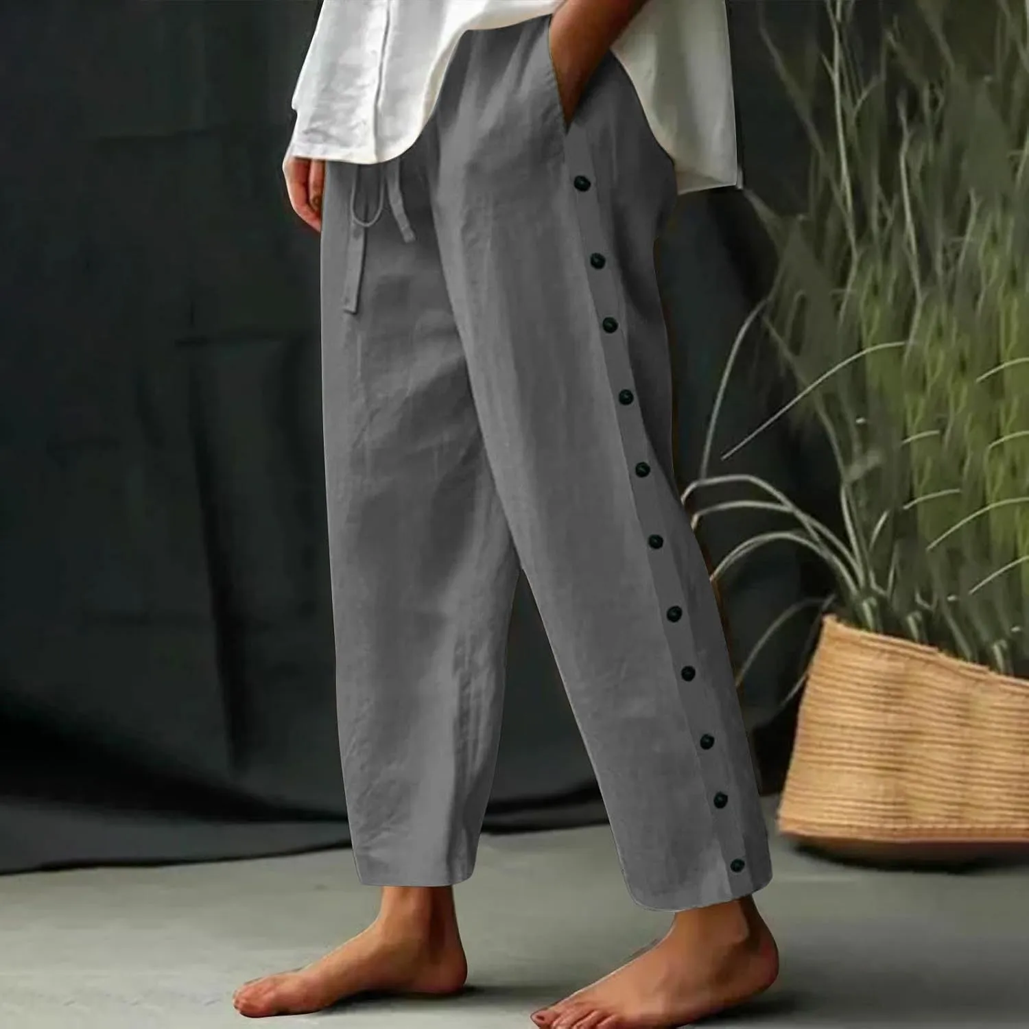 Linen Pants Women Elastic High Waisted Drawstring Beach Pant Casual Loose Side Button Wide Leg Trousers with Pocket