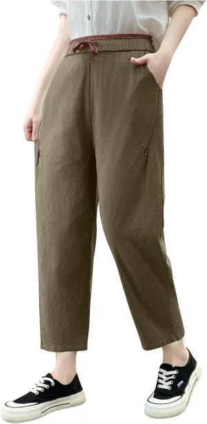 Linen Pants Women High Waist Pants Drawstring Elastic Waist Pant Straight Leg Beach Vacation Trousers 2025 Outfits