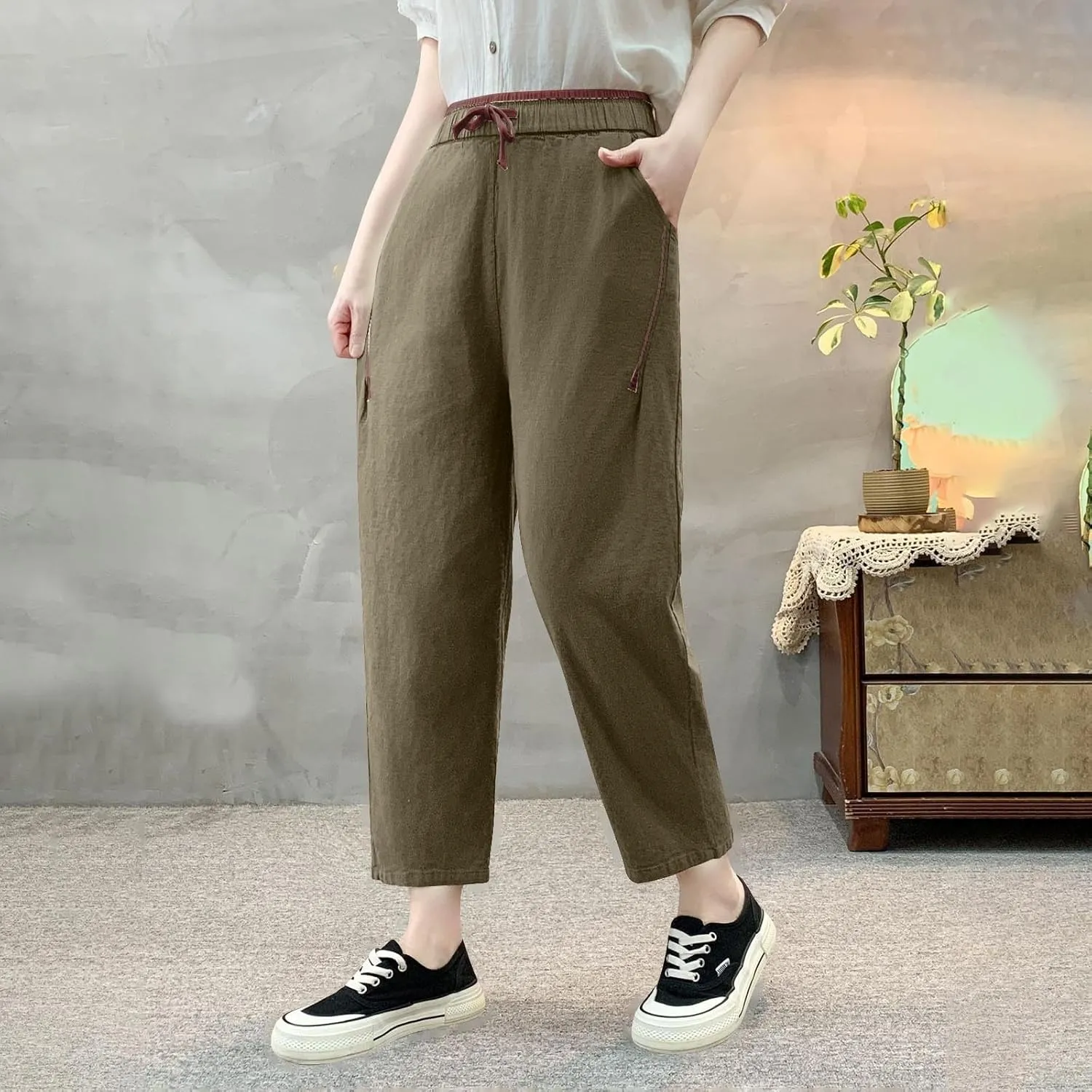 Linen Pants Women High Waist Pants Drawstring Elastic Waist Pant Straight Leg Beach Vacation Trousers 2025 Outfits