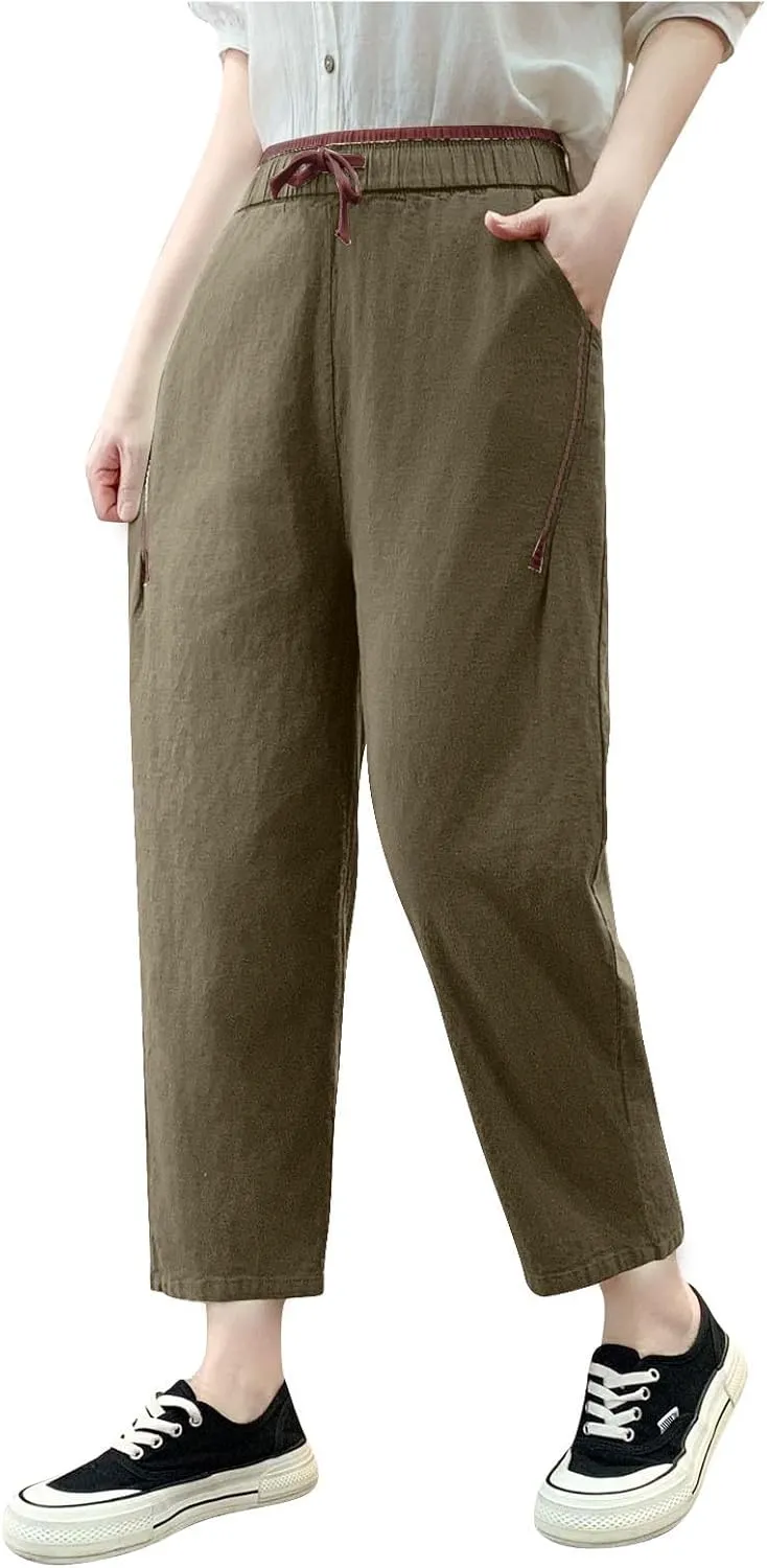 Linen Pants Women High Waist Pants Drawstring Elastic Waist Pant Straight Leg Beach Vacation Trousers 2025 Outfits