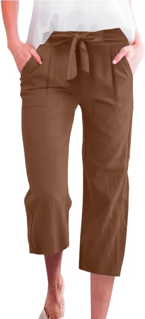 Linen Pants Women High Waist Wide Leg Elastic Drawstring Pants Women with Pockets Lounge Comfy Work Trousers