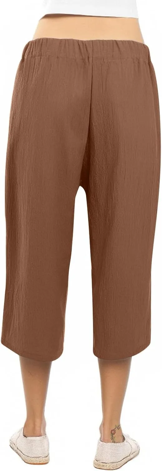 Linen Pants Women High Waist Wide Leg Elastic Drawstring Pants Women with Pockets Lounge Comfy Work Trousers