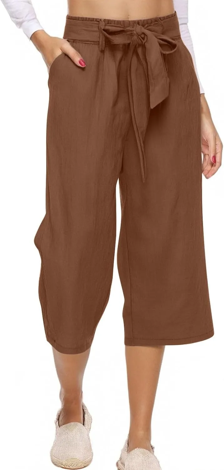 Linen Pants Women High Waist Wide Leg Elastic Drawstring Pants Women with Pockets Lounge Comfy Work Trousers