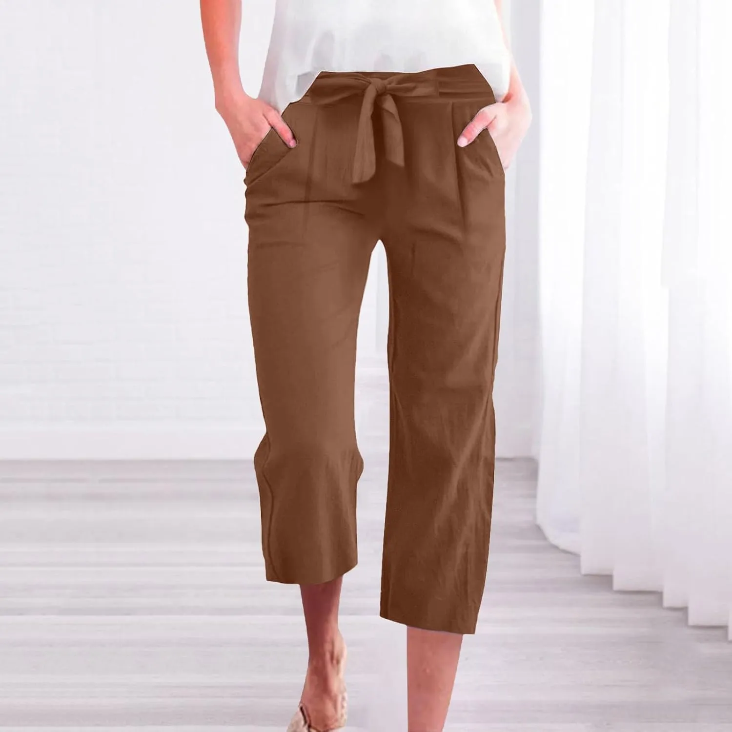 Linen Pants Women High Waist Wide Leg Elastic Drawstring Pants Women with Pockets Lounge Comfy Work Trousers