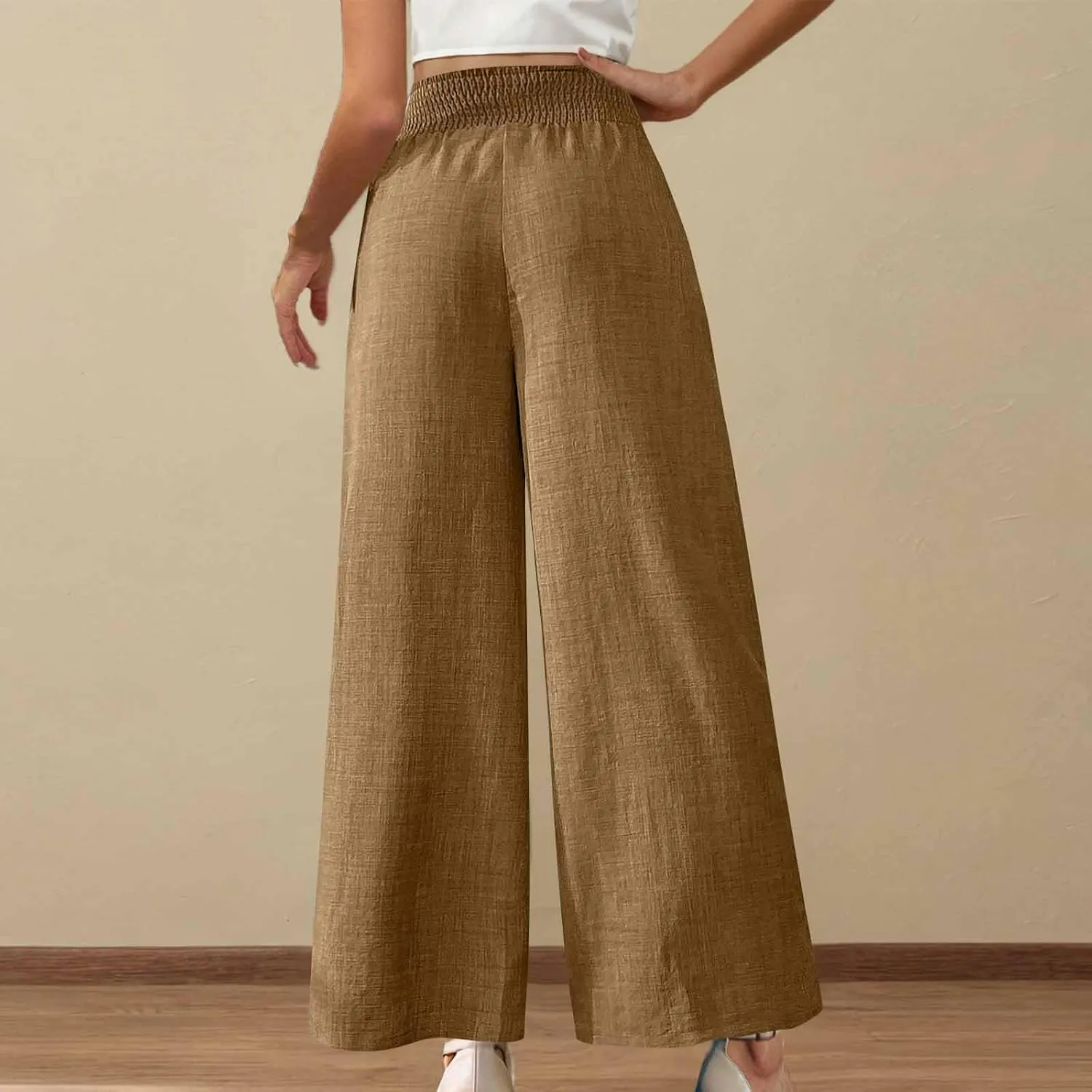 Linen Pants Women Loose Fit Summer High Waist Lounge Pants Plus Size Comfy Flowy Palazzo Trousers with Pockets 2025