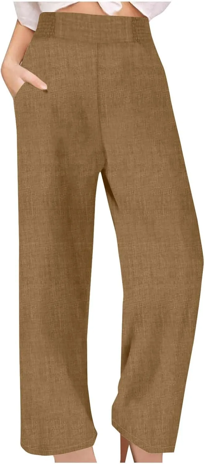 Linen Pants Women Loose Fit Summer High Waist Lounge Pants Plus Size Comfy Flowy Palazzo Trousers with Pockets 2025