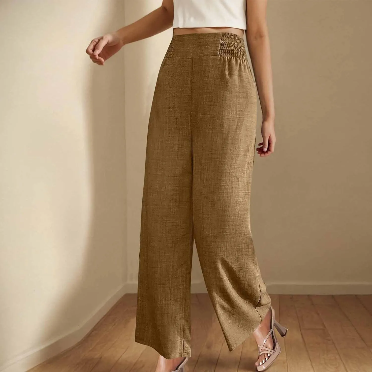 Linen Pants Women Loose Fit Summer High Waist Lounge Pants Plus Size Comfy Flowy Palazzo Trousers with Pockets 2025