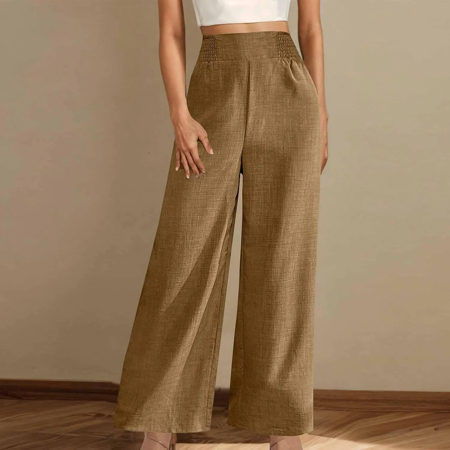 Linen Pants Women Loose Fit Summer High Waist Lounge Pants Plus Size Comfy Flowy Palazzo Trousers with Pockets 2025