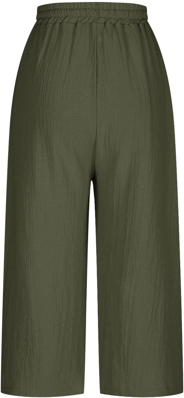 Linen Pants Women Plus Size Summer High Waisted Casual Capri Pants with Pockets Loose Beach Cropped Trousers 2025