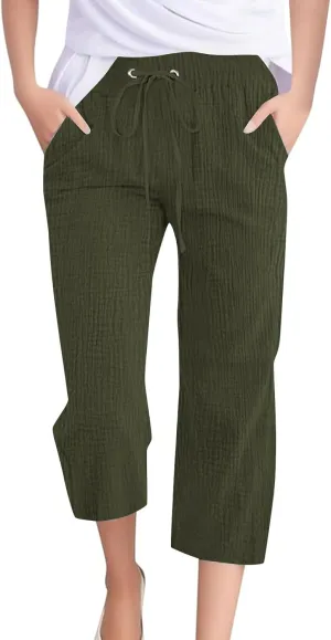 Linen Pants Women Plus Size Summer High Waisted Casual Capri Pants with Pockets Loose Beach Cropped Trousers 2025