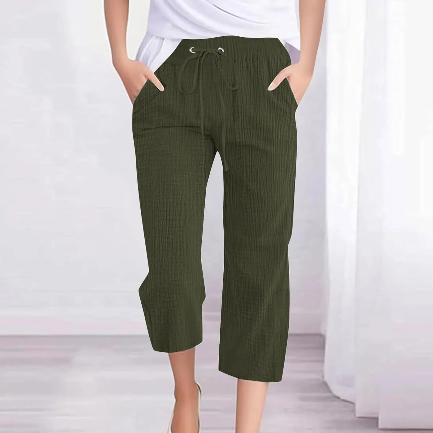 Linen Pants Women Plus Size Summer High Waisted Casual Capri Pants with Pockets Loose Beach Cropped Trousers 2025