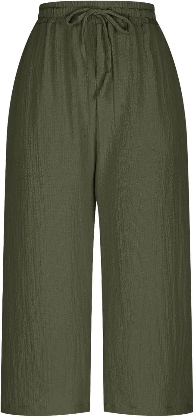 Linen Pants Women Plus Size Summer High Waisted Casual Capri Pants with Pockets Loose Beach Cropped Trousers 2025