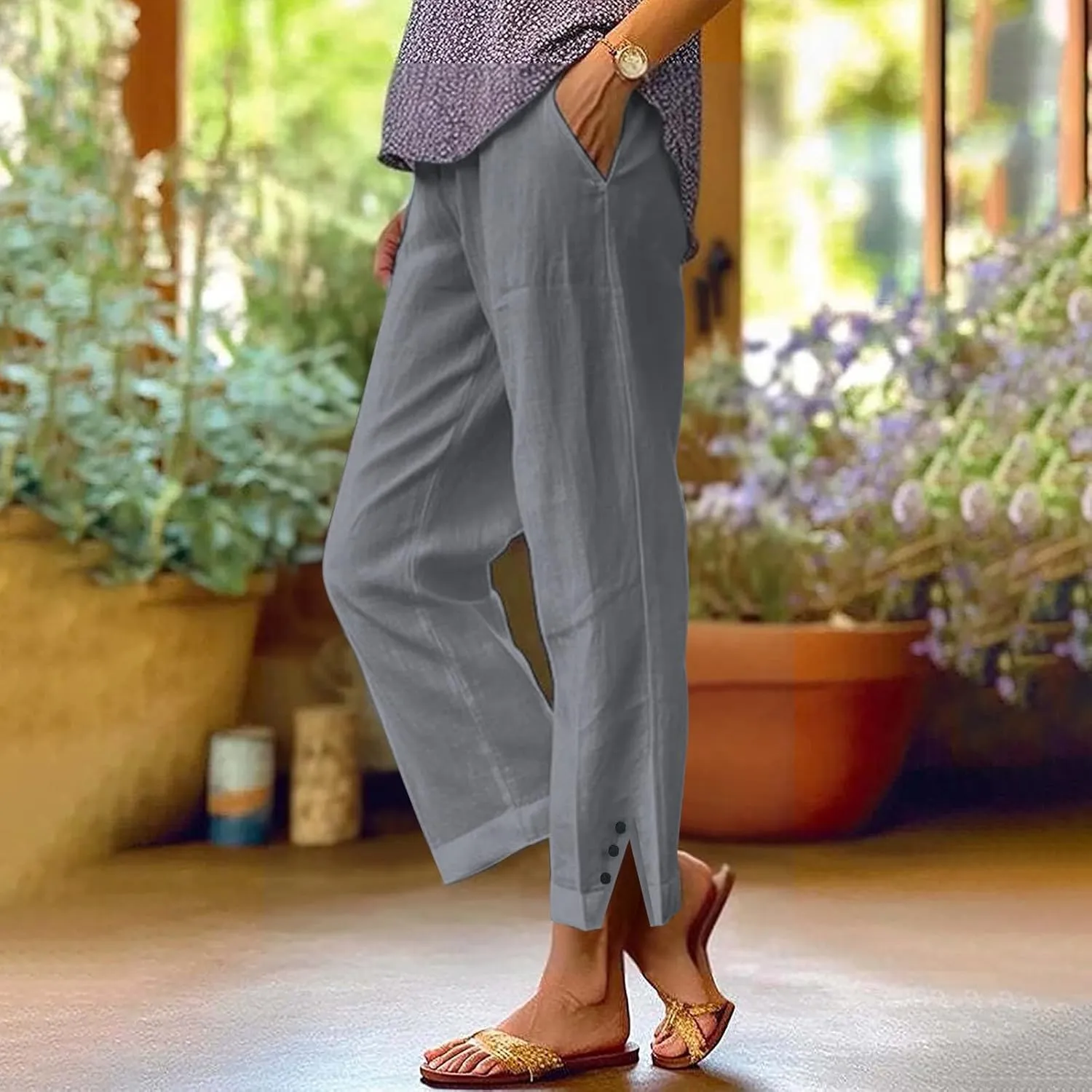Linen Pants Women Solid Straight Elastic Pants Drawstring Lightweight Spring 2025 Summer Casual Slit Trouser Legs Pants