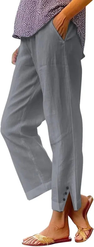 Linen Pants Women Solid Straight Elastic Pants Drawstring Lightweight Spring 2025 Summer Casual Slit Trouser Legs Pants