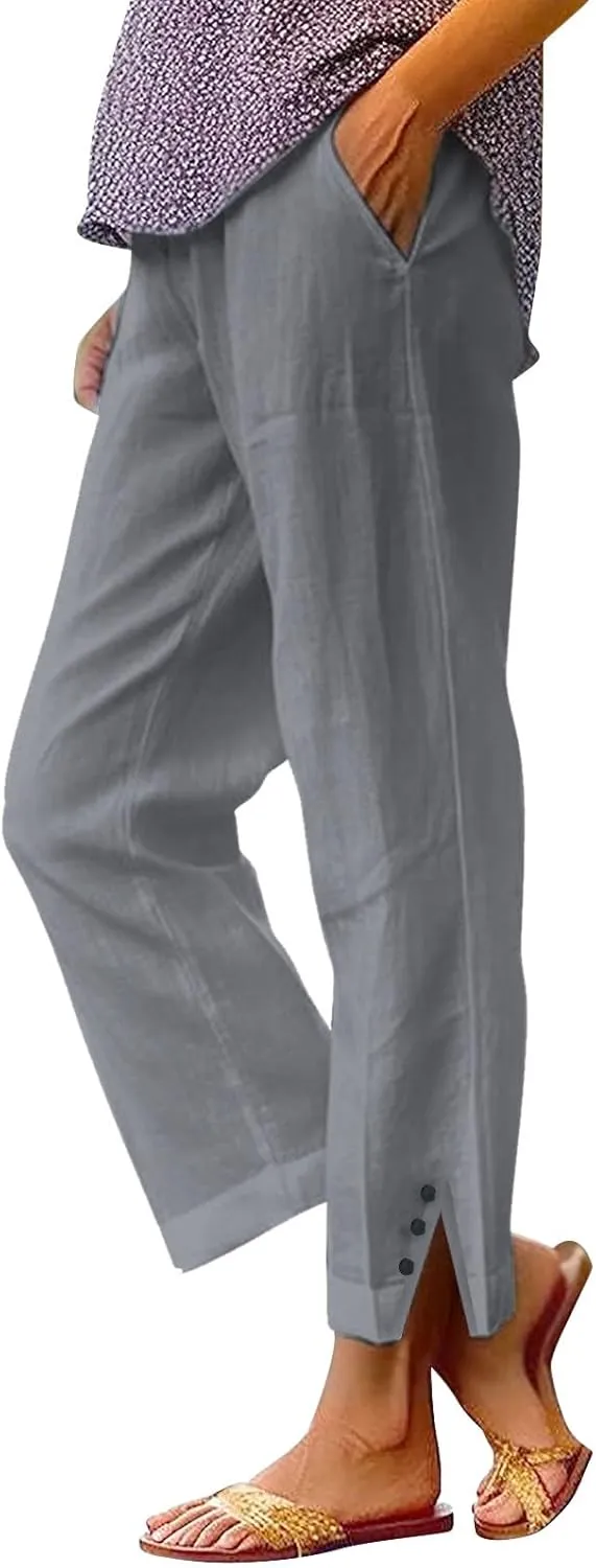 Linen Pants Women Solid Straight Elastic Pants Drawstring Lightweight Spring 2025 Summer Casual Slit Trouser Legs Pants