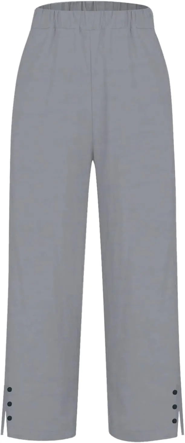 Linen Pants Women Solid Straight Elastic Pants Drawstring Lightweight Spring 2025 Summer Casual Slit Trouser Legs Pants