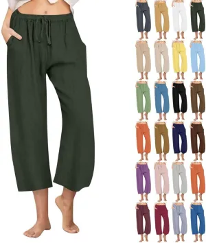 Linen Pants Women Summer Cotton Linen Capris 2025 Wide Leg Boho Pants Drawstring Vacation Beach Cropped Trouser Capris