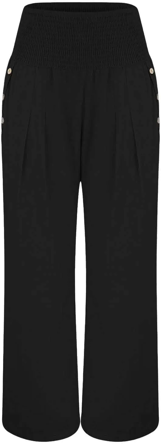 Linen Pants Women Summer Wide Leg Drawstring Elastic Waist High Waisted Lounge Pants Casual Beach Trousers with Pockets