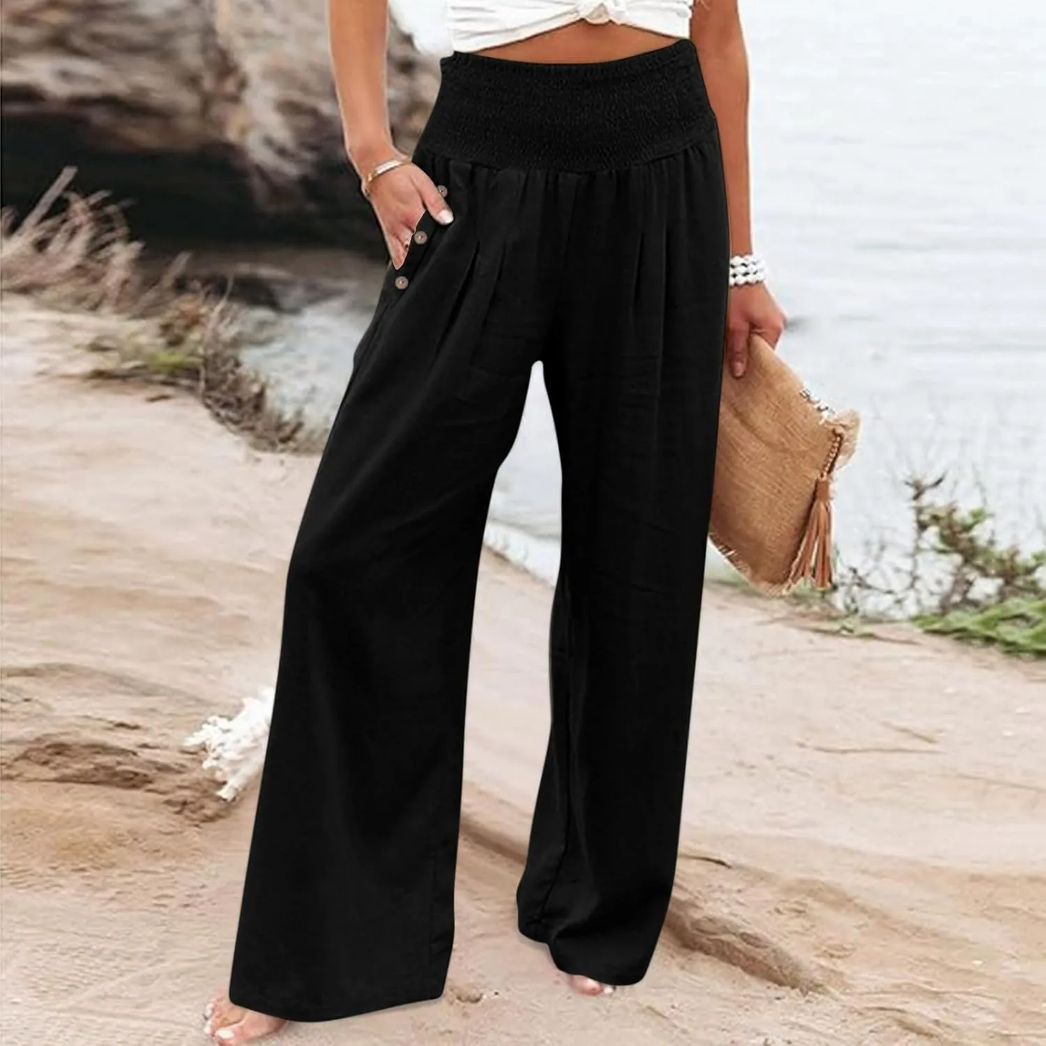 Linen Pants Women Summer Wide Leg Drawstring Elastic Waist High Waisted Lounge Pants Casual Beach Trousers with Pockets