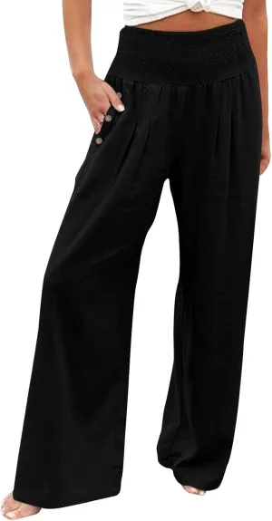 Linen Pants Women Summer Wide Leg Drawstring Elastic Waist High Waisted Lounge Pants Casual Beach Trousers with Pockets