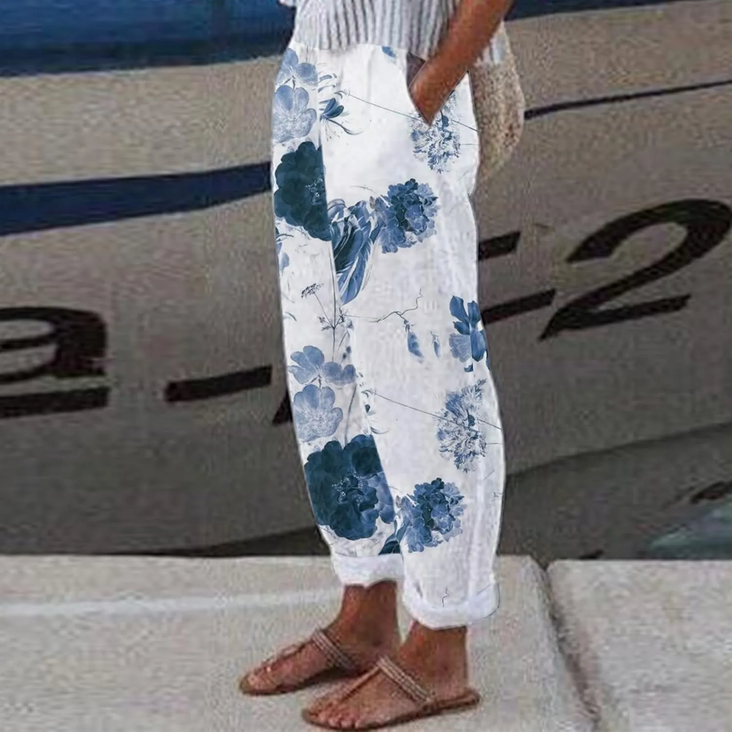 Linen Pants Women Tall Summer Boho Wide Leg Baggy Pants with Elastic Waist Casual Cotton Linen Pants Casual Work Pants