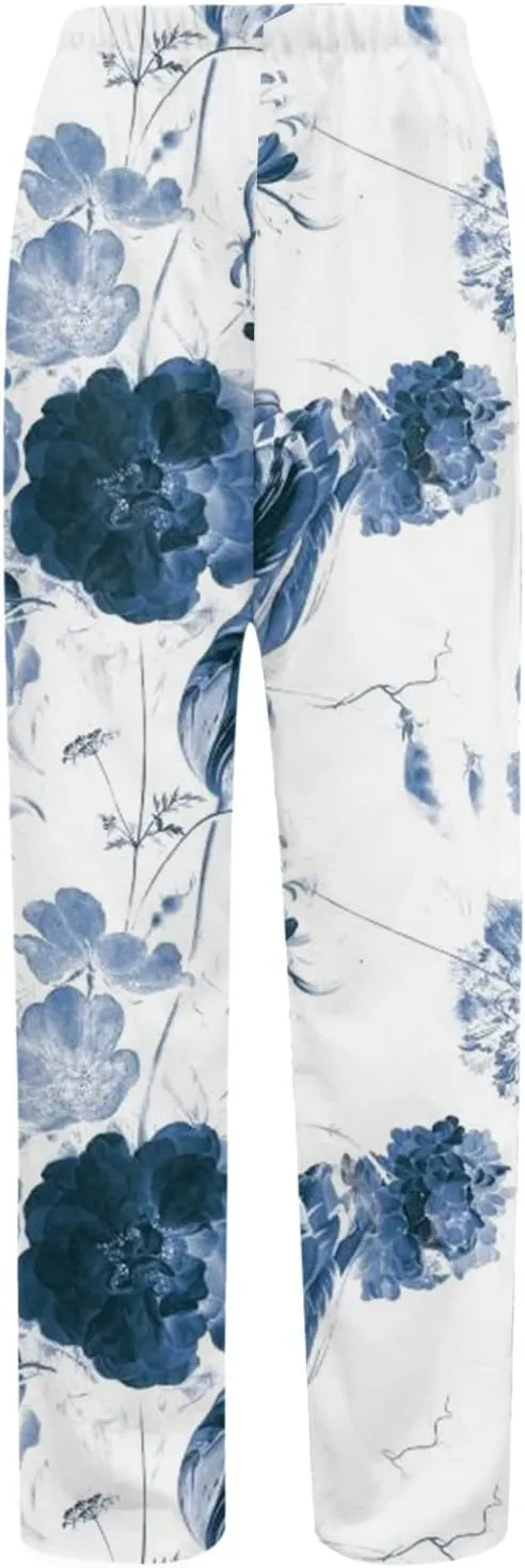 Linen Pants Women Tall Summer Boho Wide Leg Baggy Pants with Elastic Waist Casual Cotton Linen Pants Casual Work Pants
