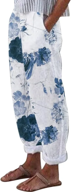 Linen Pants Women Tall Summer Boho Wide Leg Baggy Pants with Elastic Waist Casual Cotton Linen Pants Casual Work Pants