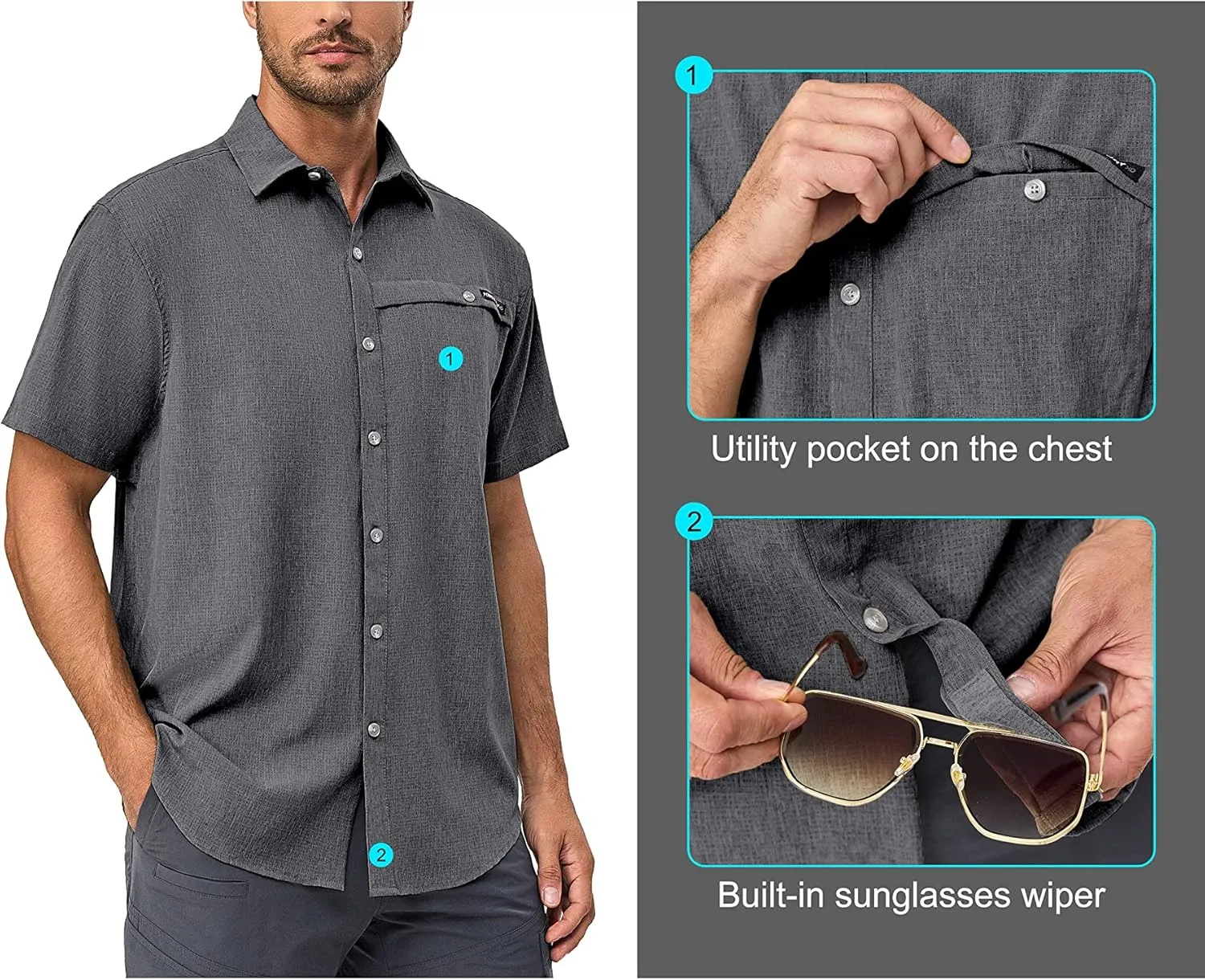 Little Donkey Andy Men's Lightweight UPF 50  Short Sleeve Shirt, Breathable Fishing Hiking Shirt, Air-Holes Tech