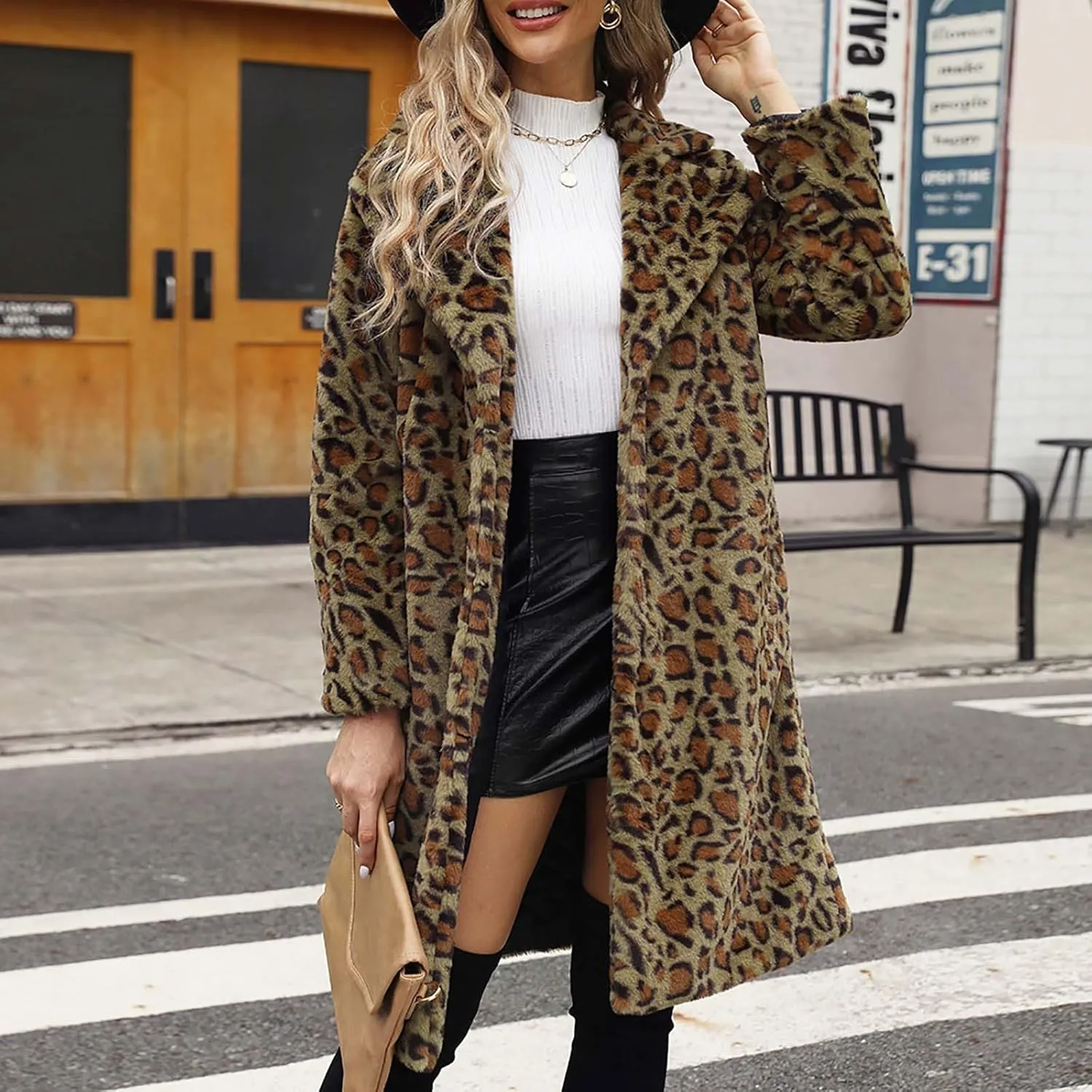 Lmdudan 2023 Winter Faux Fur Coat for Women Leopard Print Fleece Long Jacket Retro Lapel Warm Overcoat Plus Size Trench Coats