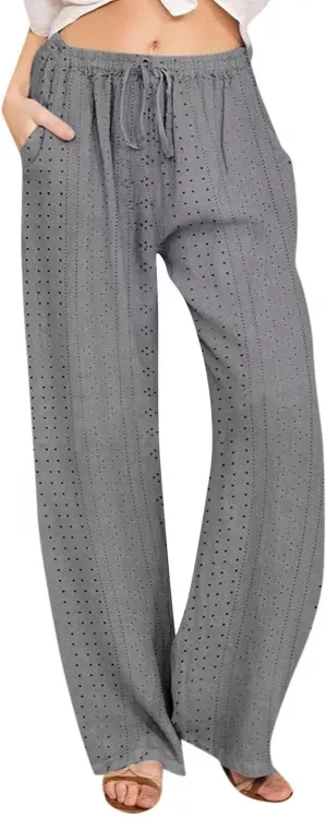 Lmdudan Wide Leg Linen Pants for Women 2025 Summer Boho High Waisted Palazzo Pants Baggy Comfy Beach Pants with Pockets