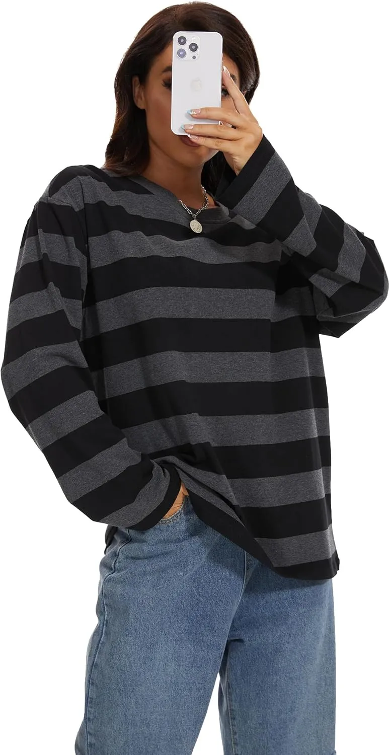 Long Sleeve Crewneck Striped T-Shirt, Grunge Clothes for Women, Teen Girls Emo Shirt Harajuku Clothes Gothic Top