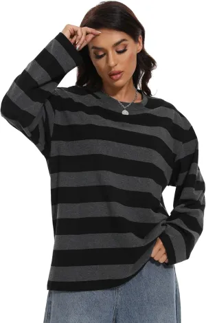 Long Sleeve Crewneck Striped T-Shirt, Grunge Clothes for Women, Teen Girls Emo Shirt Harajuku Clothes Gothic Top