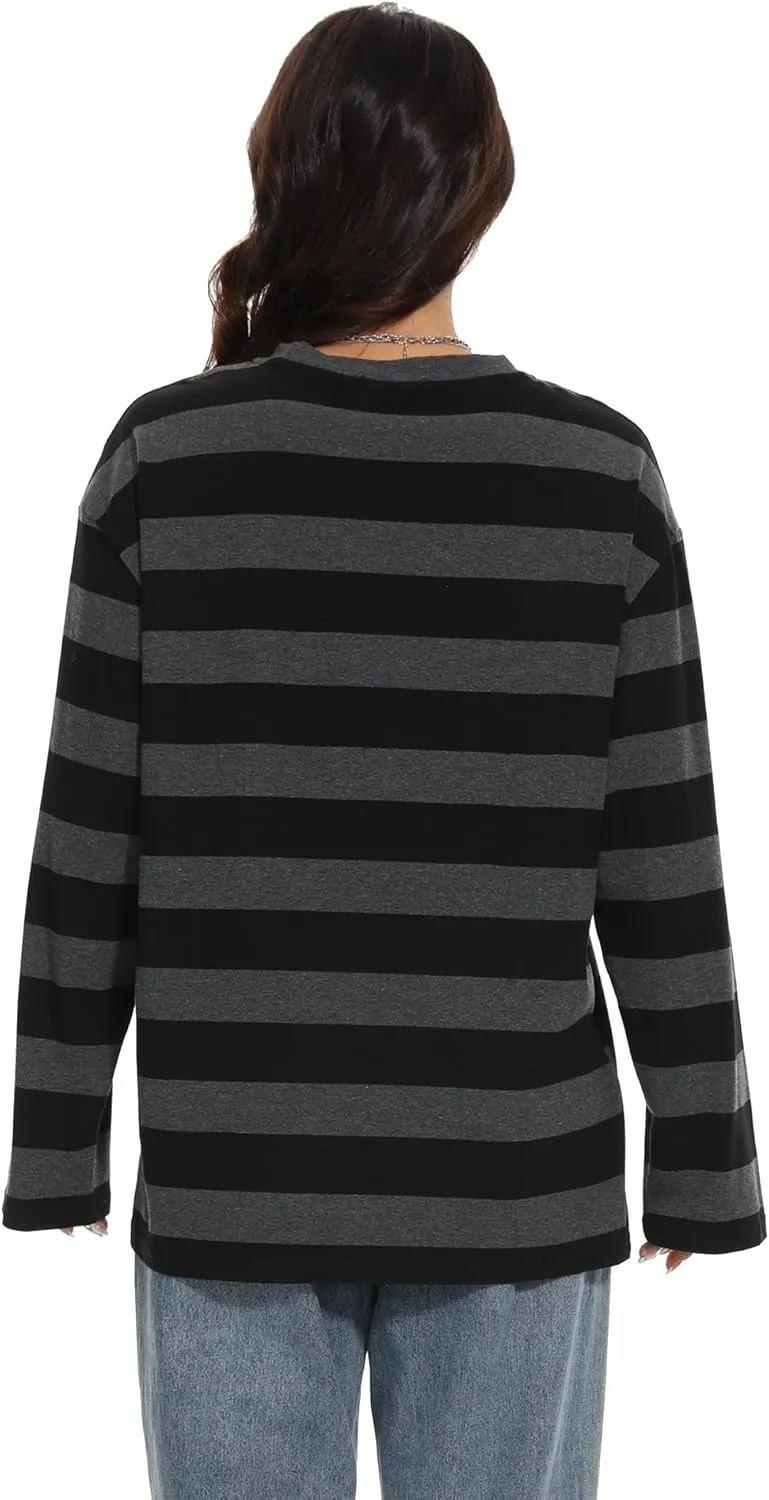 Long Sleeve Crewneck Striped T-Shirt, Grunge Clothes for Women, Teen Girls Emo Shirt Harajuku Clothes Gothic Top