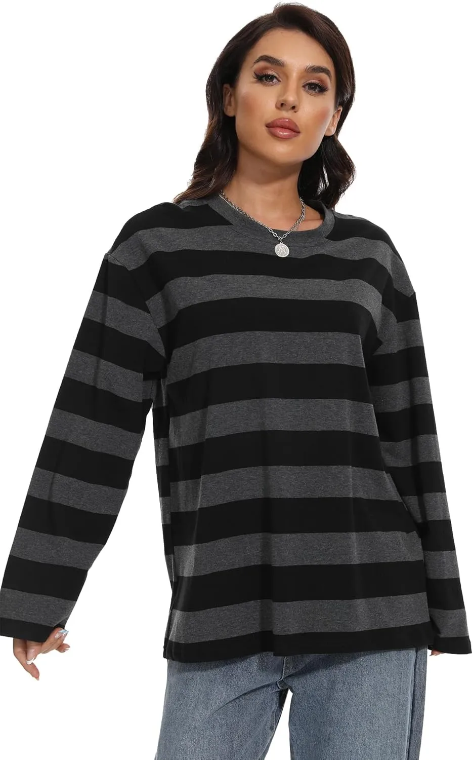 Long Sleeve Crewneck Striped T-Shirt, Grunge Clothes for Women, Teen Girls Emo Shirt Harajuku Clothes Gothic Top