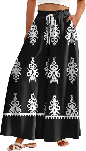 Loose Pants for Women Baggy Boho High Waisted Bohemian Print Flowy Loose Fit Plus Size Wide Leg Trousers