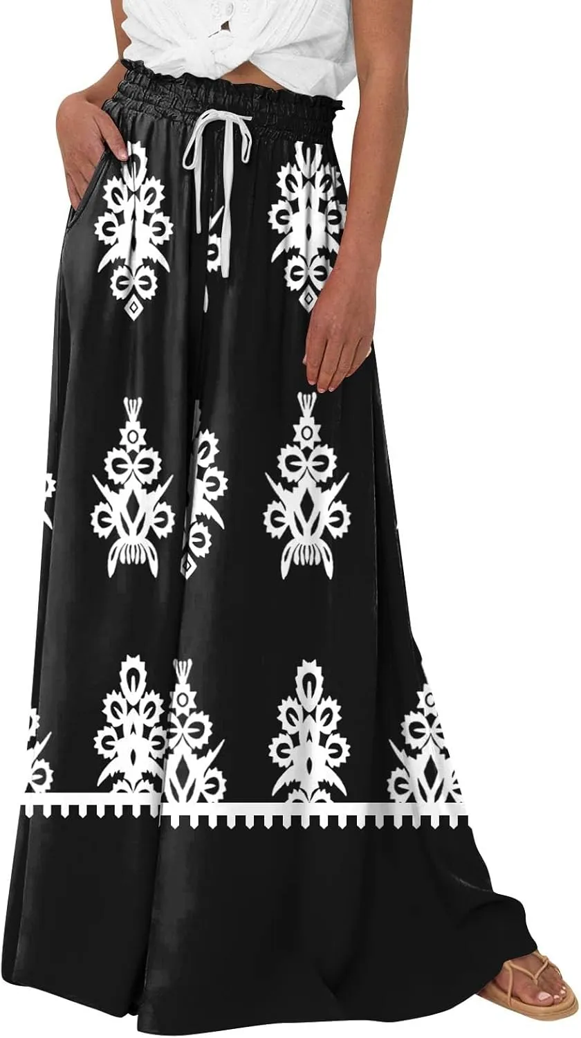 Loose Pants for Women Baggy Boho High Waisted Bohemian Print Flowy Loose Fit Plus Size Wide Leg Trousers