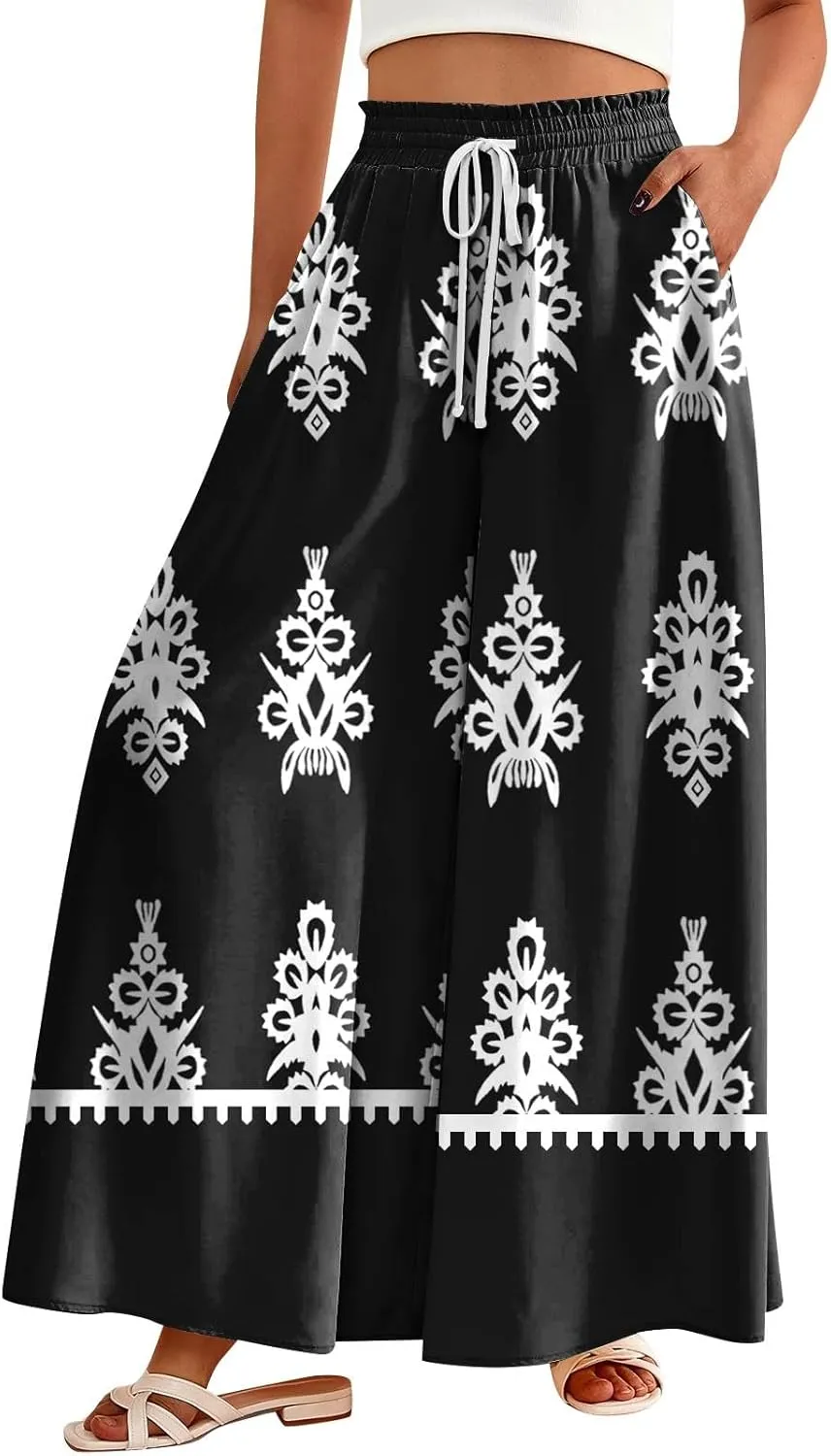 Loose Pants for Women Baggy Boho High Waisted Bohemian Print Flowy Loose Fit Plus Size Wide Leg Trousers