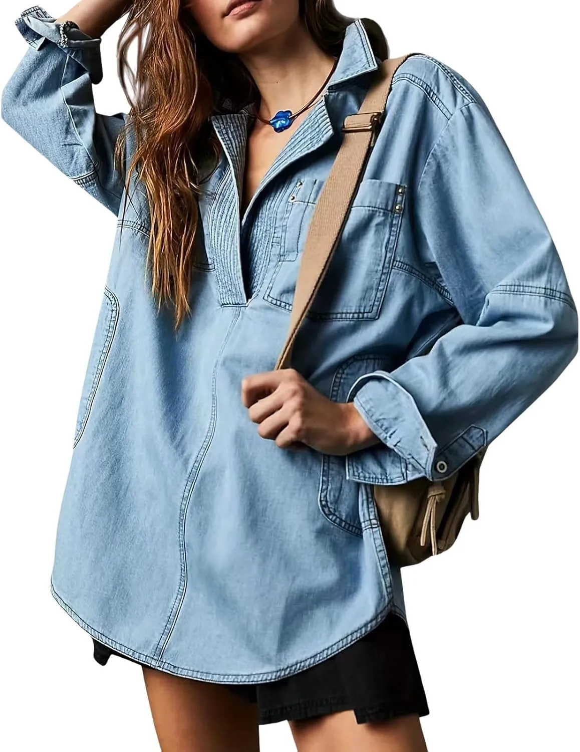 loveimgs Women Casual Long Sleeve Denim Pullover Top Jean Shirt Turndown V Neck Oversized Denim Shirt Hoodie Sweatshirt