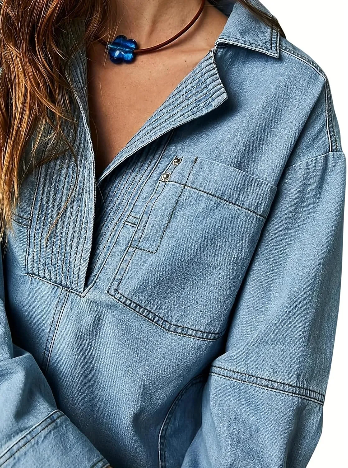 loveimgs Women Casual Long Sleeve Denim Pullover Top Jean Shirt Turndown V Neck Oversized Denim Shirt Hoodie Sweatshirt