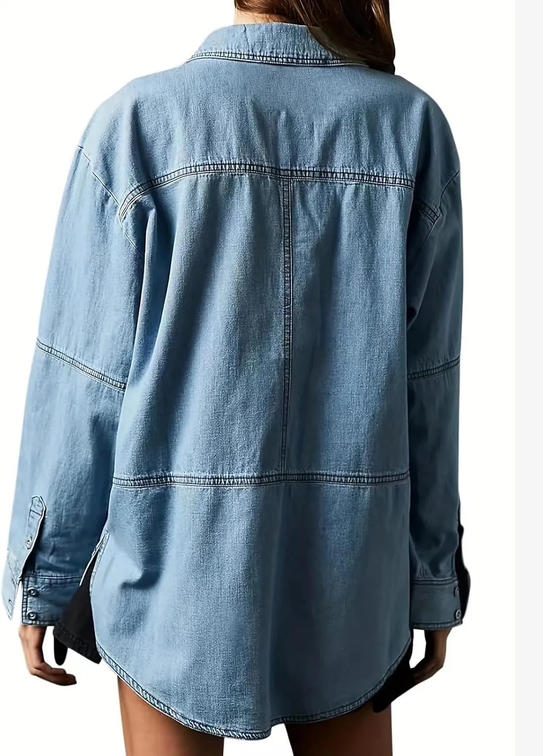 loveimgs Women Casual Long Sleeve Denim Pullover Top Jean Shirt Turndown V Neck Oversized Denim Shirt Hoodie Sweatshirt