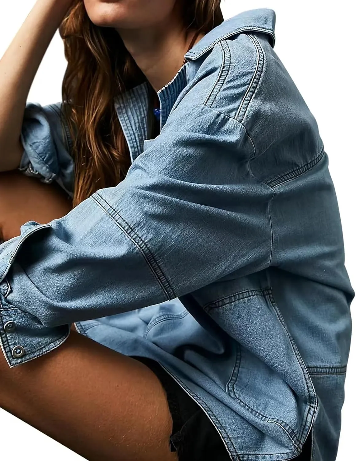 loveimgs Women Casual Long Sleeve Denim Pullover Top Jean Shirt Turndown V Neck Oversized Denim Shirt Hoodie Sweatshirt