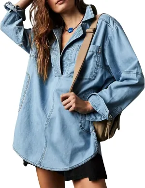 loveimgs Women Casual Long Sleeve Denim Pullover Top Jean Shirt Turndown V Neck Oversized Denim Shirt Hoodie Sweatshirt