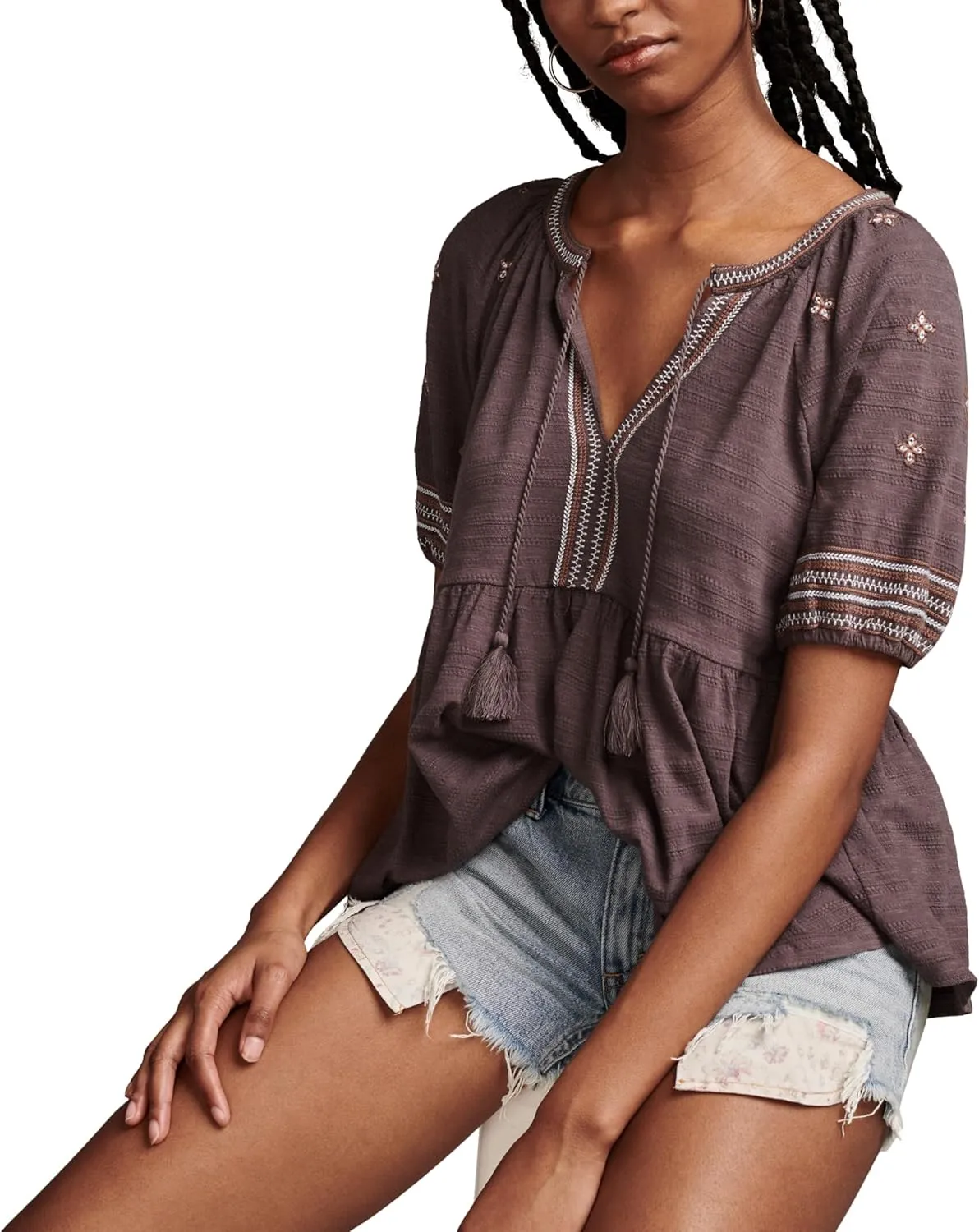 Lucky Brand Women's Easy Embroidered Babydoll Top
