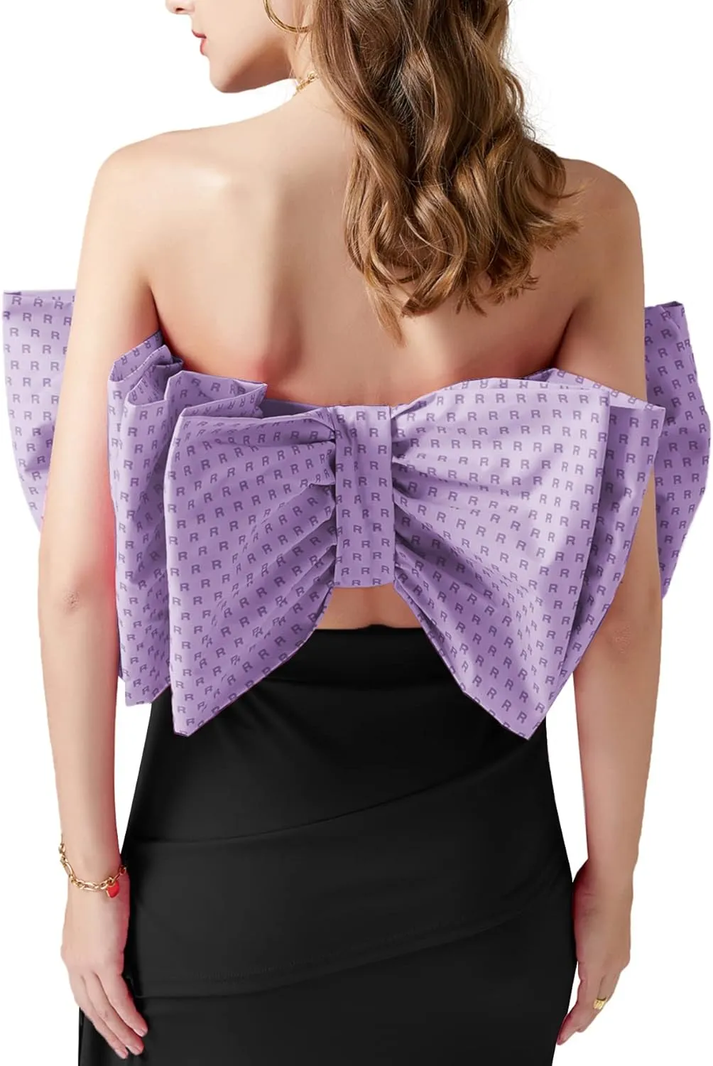 LYANER Women's Sexy Layer Bow Tie Tube Crop Top Sleeveless Strapless Print Party Fluffy Tank Top