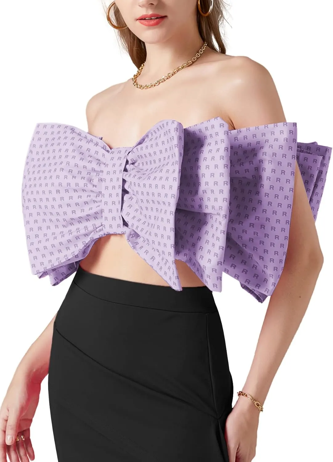 LYANER Women's Sexy Layer Bow Tie Tube Crop Top Sleeveless Strapless Print Party Fluffy Tank Top